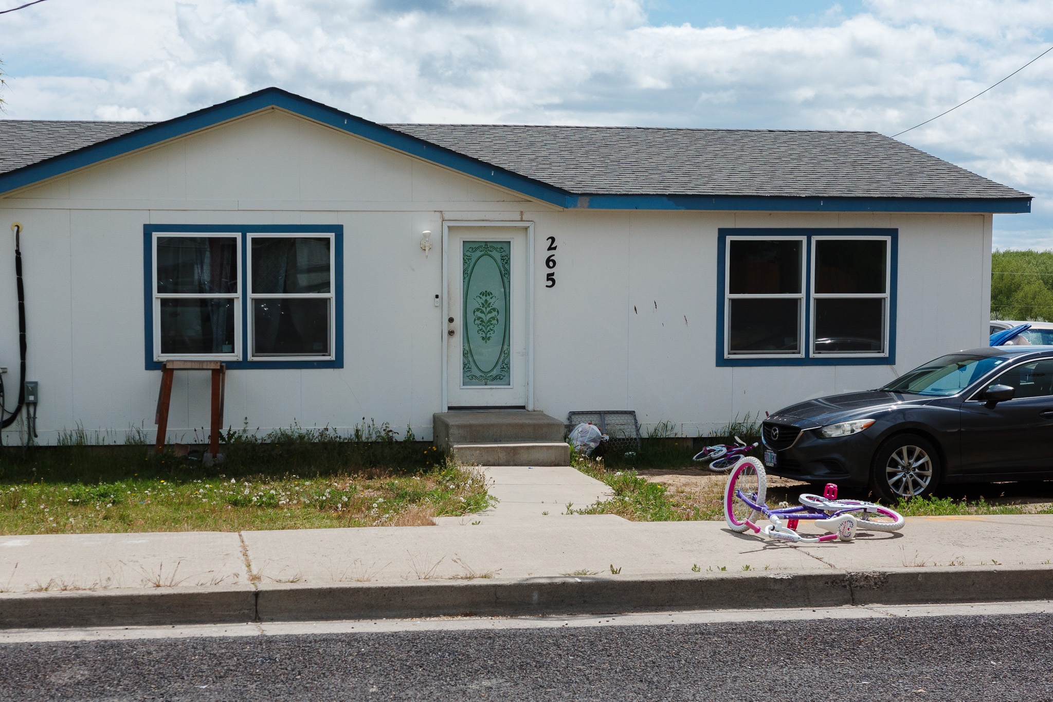 The image depicts a simple white house with blue trim and a green decorative door, numbered 265. The front yard is overgrown with grass and wildflowers, while a concrete pathway leads to the entrance. To the right, a dark car is parked on the driveway. In the foreground, a pink and white bicycle lies on its side on the pavement, adding a playful touch to the otherwise tranquil suburban scene. The sky is partly cloudy, suggesting a bright day.