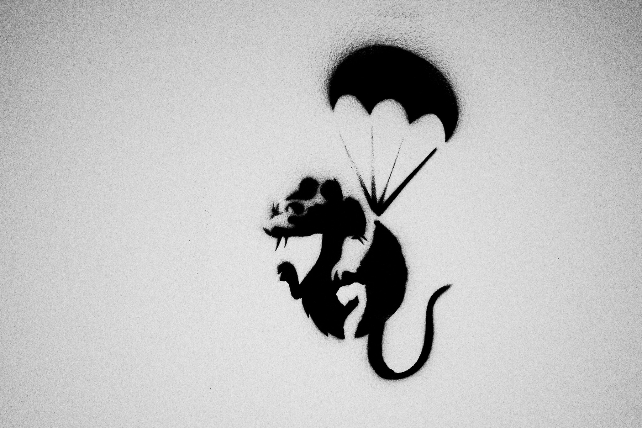 The image features a striking black and white stencil art of a dragon-like creature, depicted in a playful pose as it descends with a parachute. The creature appears to be mid-air, with its claws outstretched and a whimsical expression, emphasizing a sense of movement and adventure. The background is a plain, light-colored wall which enhances the contrast of the dark silhouette, drawing the viewer's attention to the artwork's unique and imaginative design. The parachute adds a humorous touch, suggesting a light